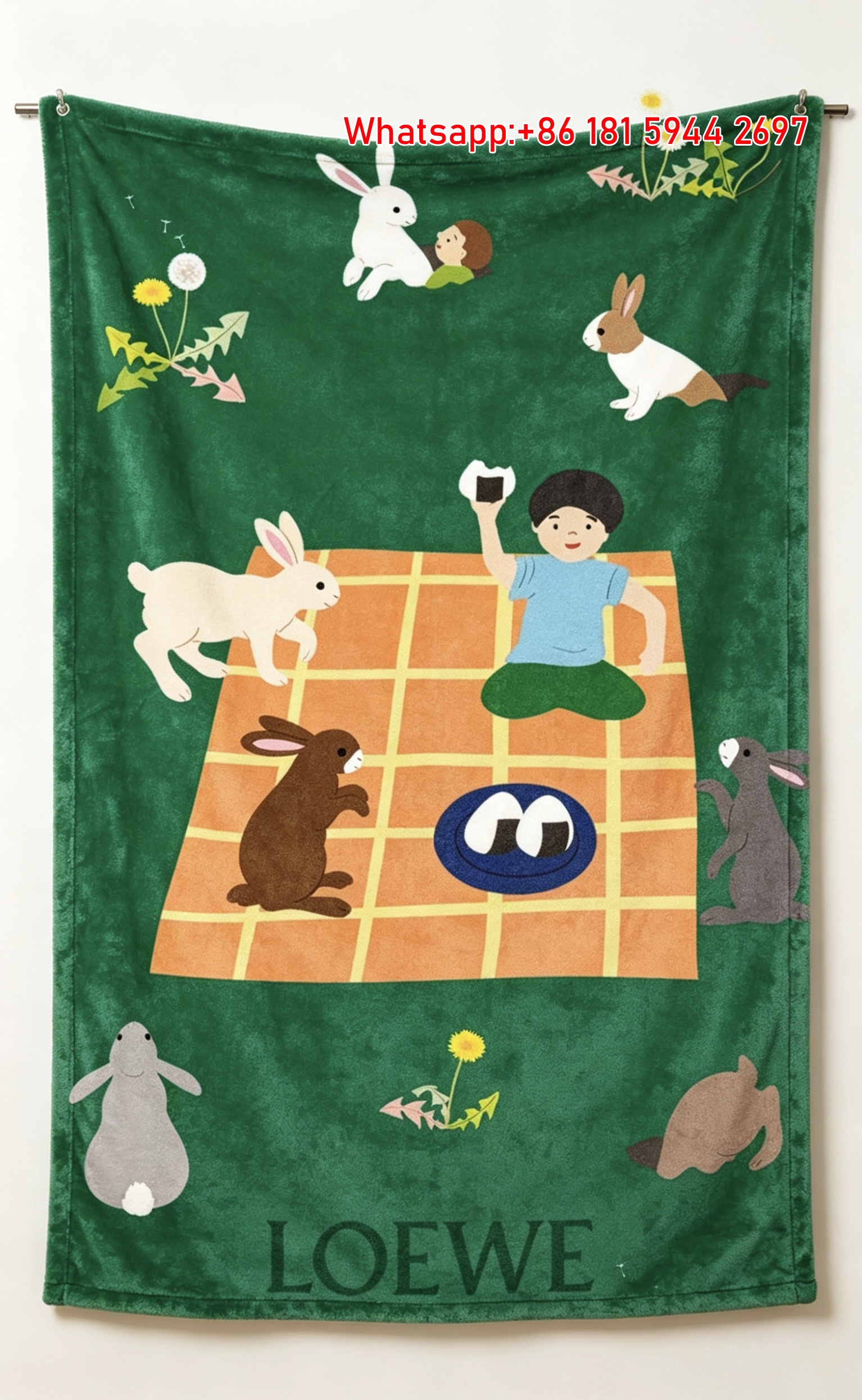 LOEWE Bunny Picnic Print Flannel Throw Blanket Cozy Sofa Blanket L285